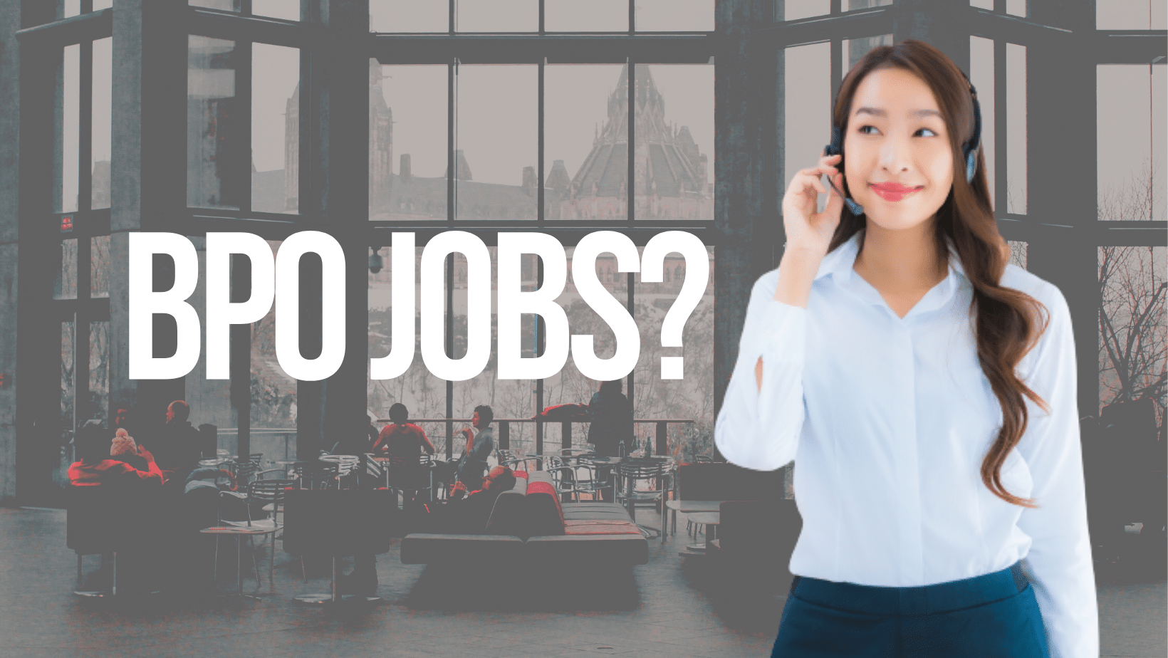 Model wearing headphones with text "BPO JOBS?"